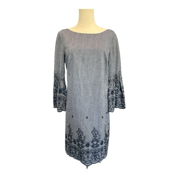 ✨ EUC ELIZA J Blue Chambray Embroidered Bell Sleeve Dress | Women’s Sz 4 - Picture 2 of 12